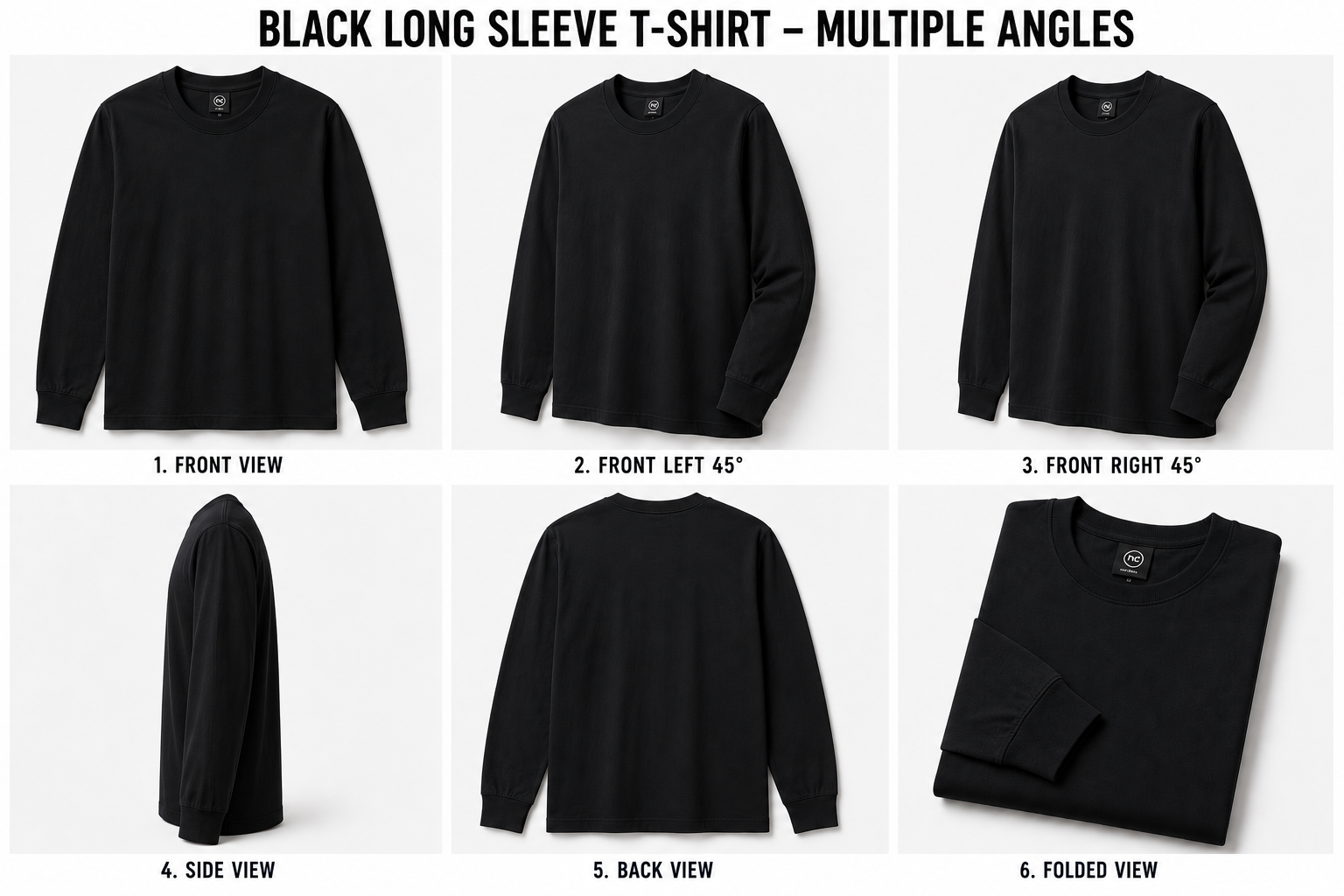 Black long sleeve t-shirt 3-pack, folded, multiple views