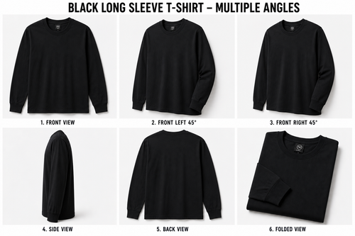 Black long sleeve t-shirt 3-pack, folded, multiple views