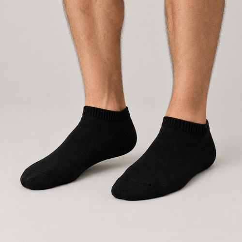 Male model wearing black ankle socks
