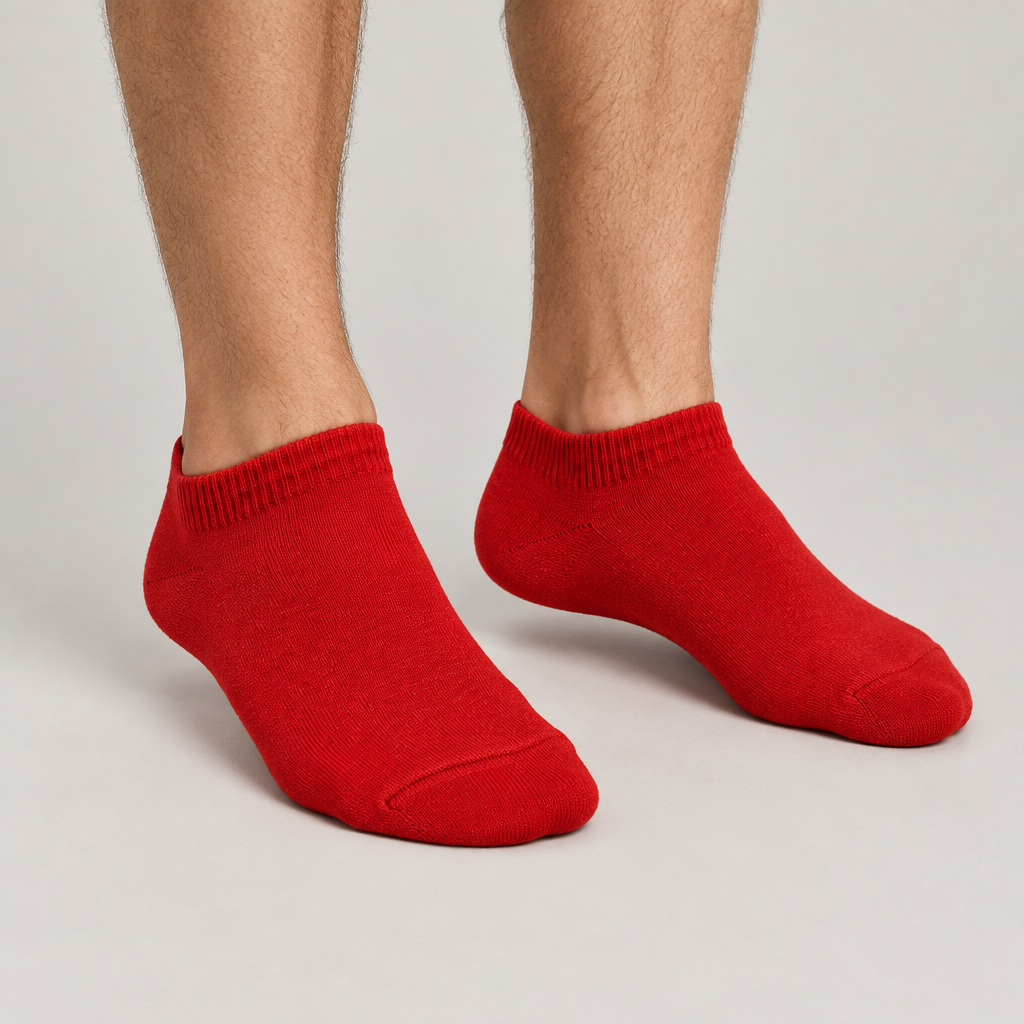 Male model wearing red ankle socks