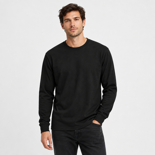 Male model wearing the black long-sleeve shirt