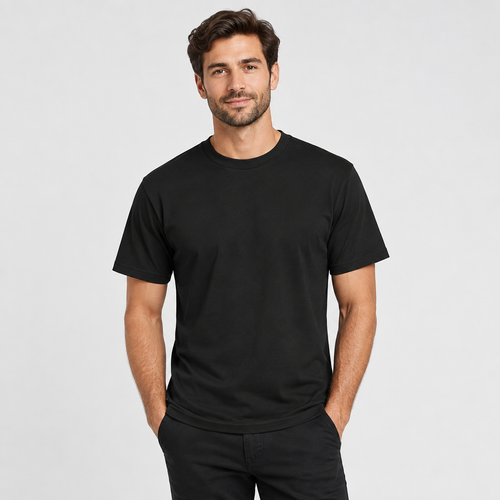 Male model wearing the black short-sleeve shirt