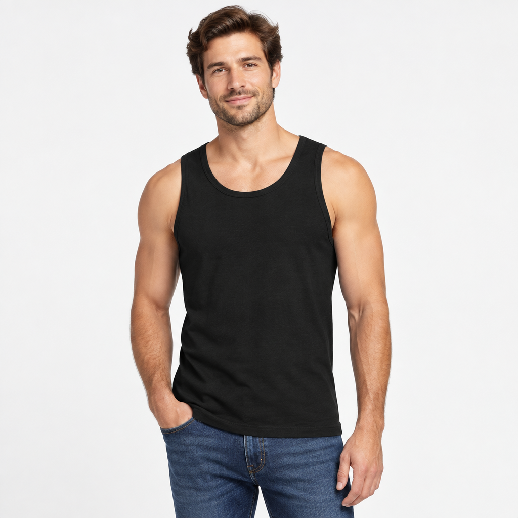 Male model wearing the black tank top