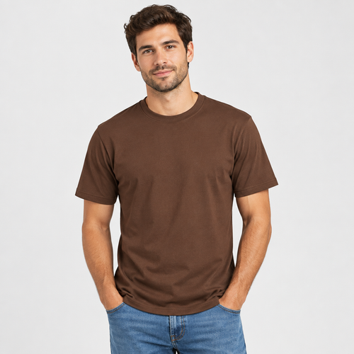 Male model wearing the brown short-sleeve shirt