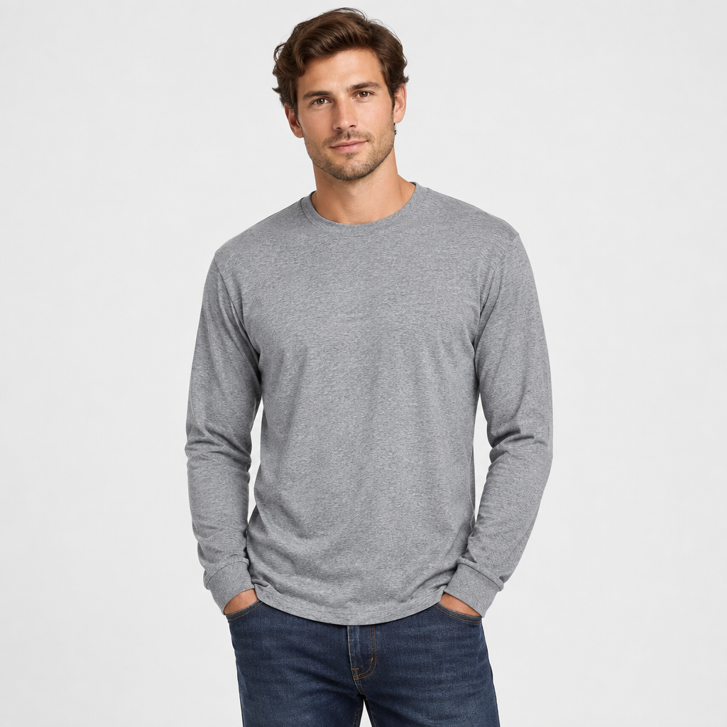 Male model wearing the gray long-sleeve shirt
