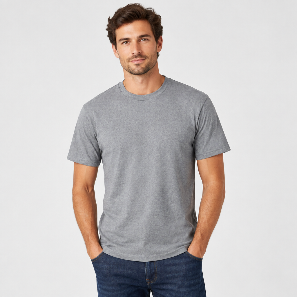 Male model wearing the gray short-sleeve shirt
