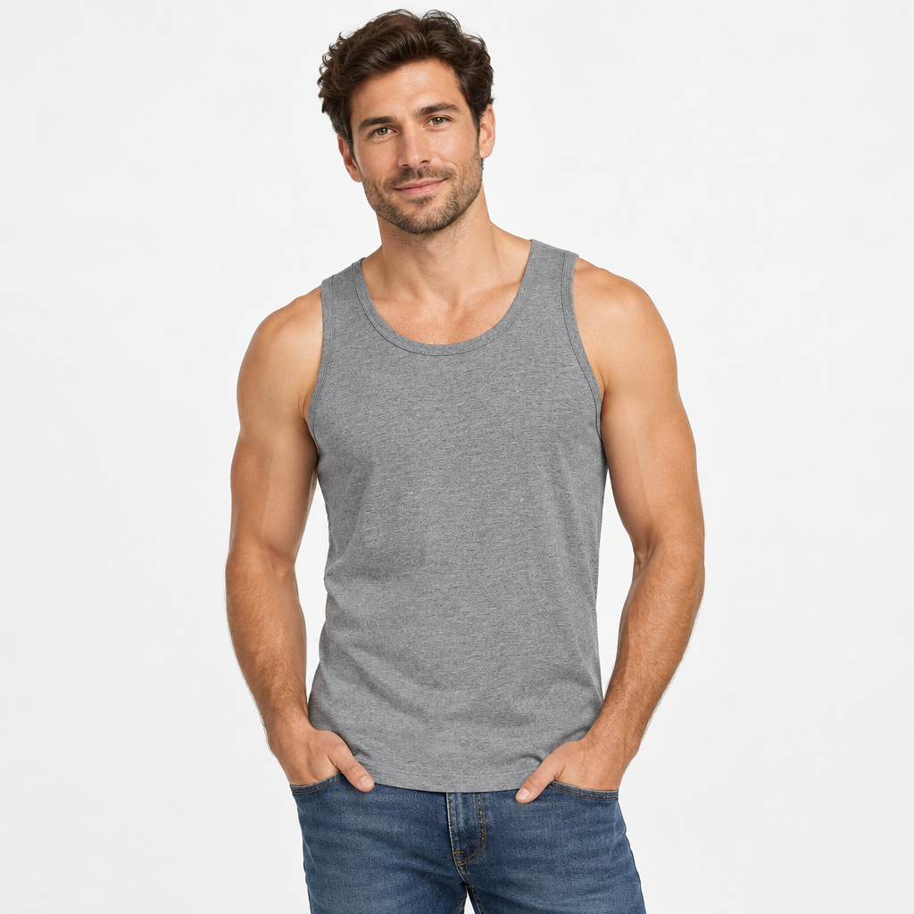 Male model wearing the gray tank top