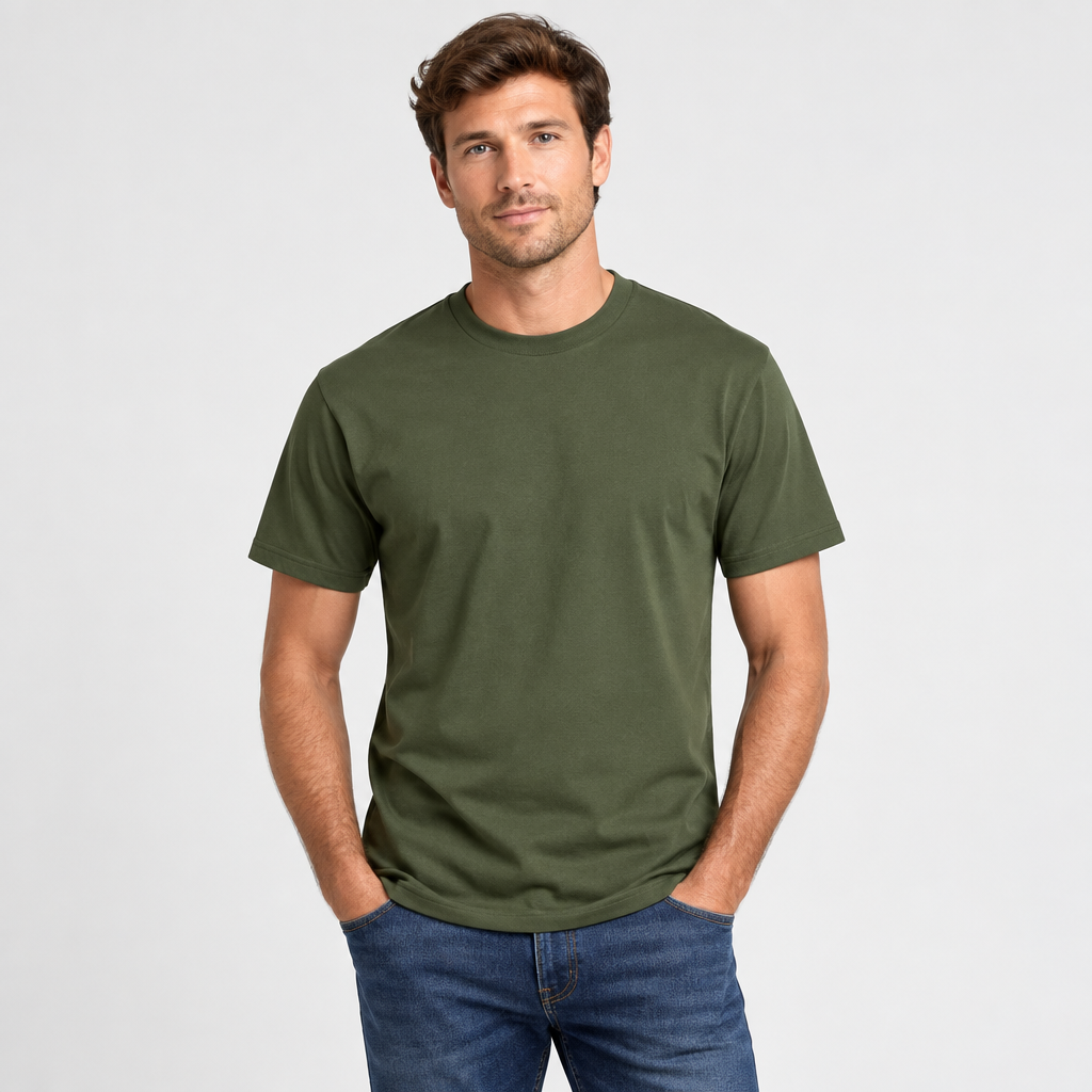 Male model wearing the olive short-sleeve shirt