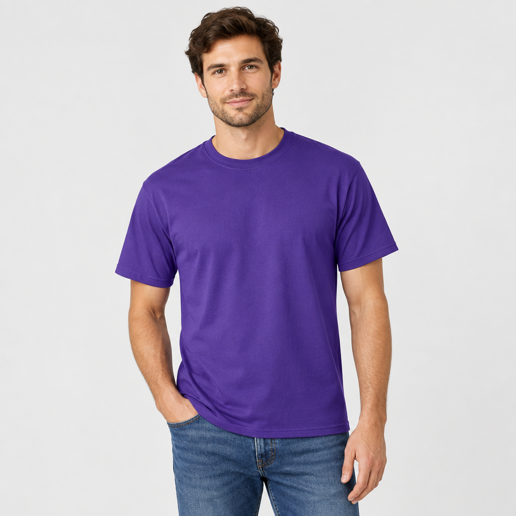 Male model wearing the purple short-sleeve shirt