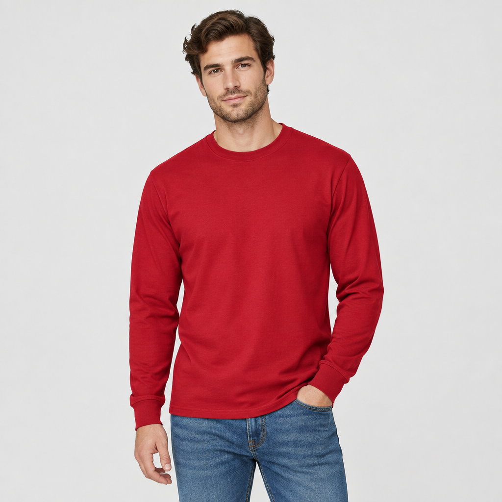 Male model wearing the red long-sleeve shirt