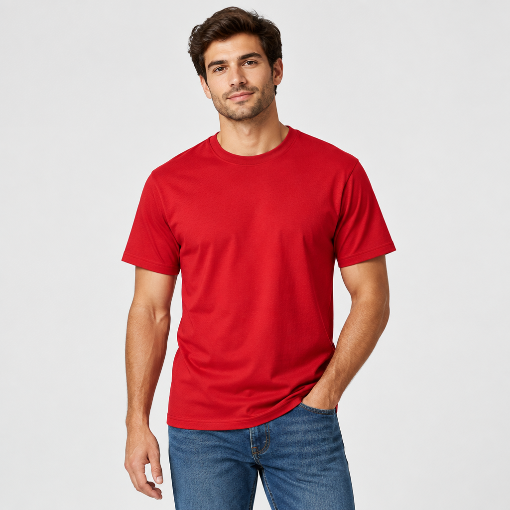 Male model wearing the red short-sleeve shirt