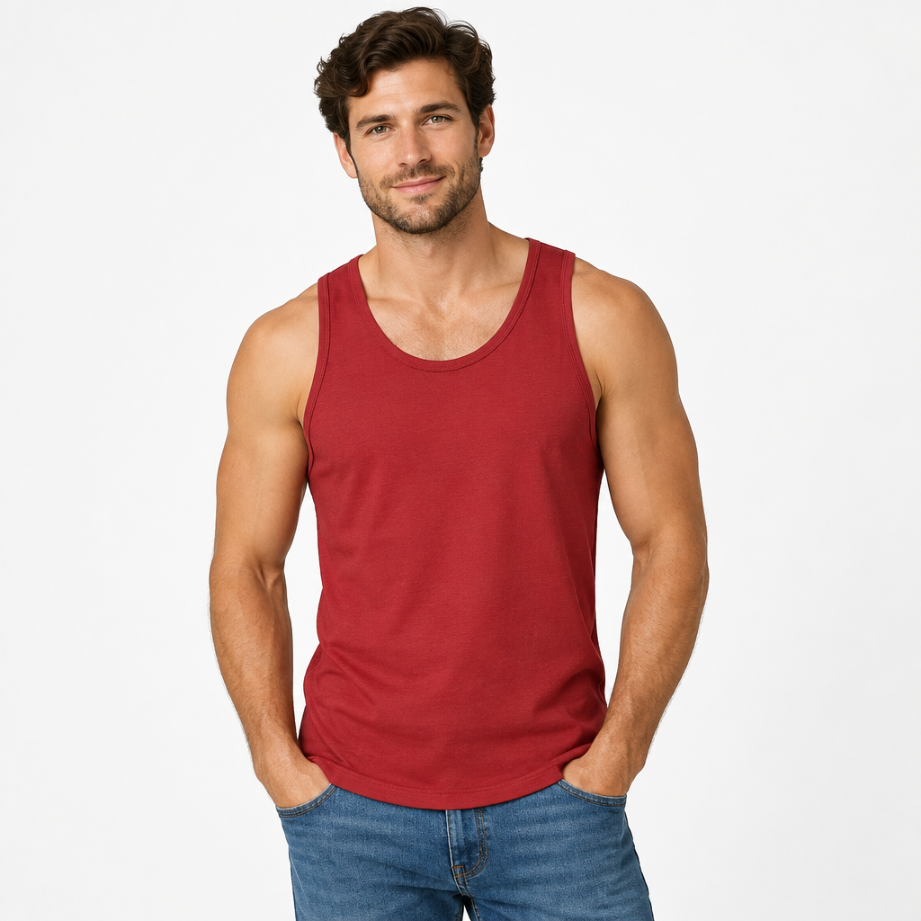 Male model wearing the red tank top
