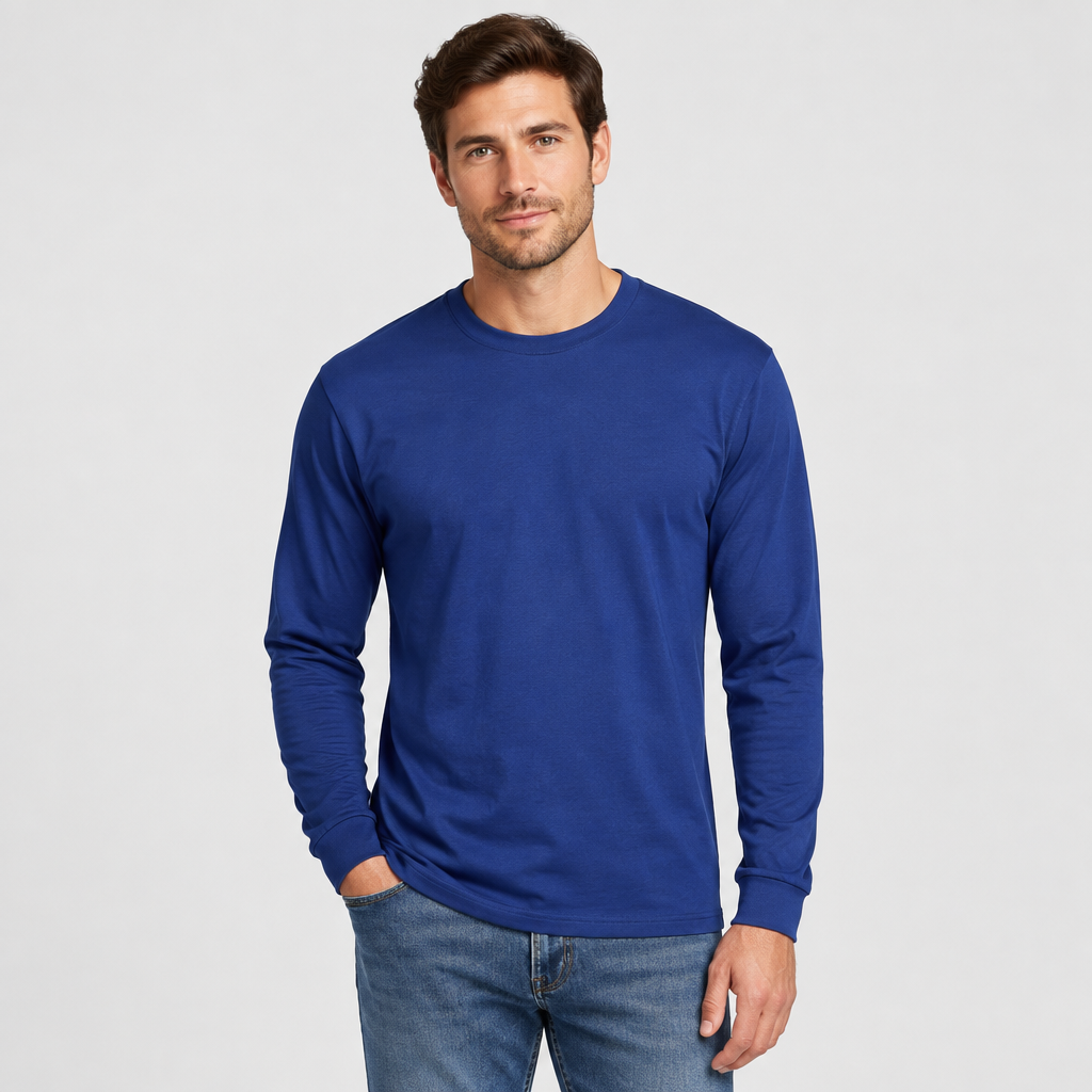 Male model wearing the royal blue long-sleeve shirt