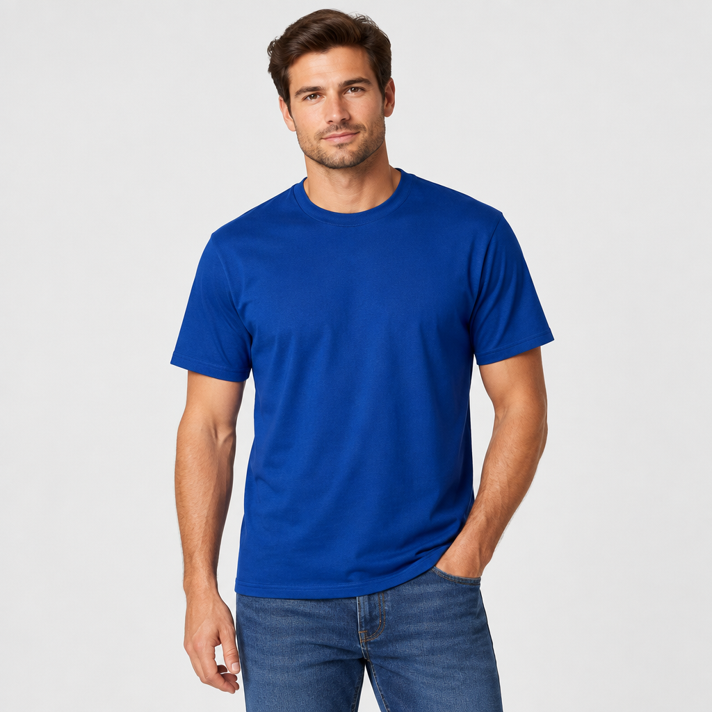 Male model wearing the royal blue short-sleeve shirt