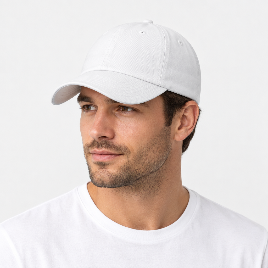 Male model wearing the white hat