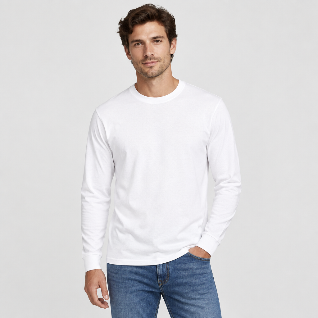 Male model wearing the white long-sleeve shirt