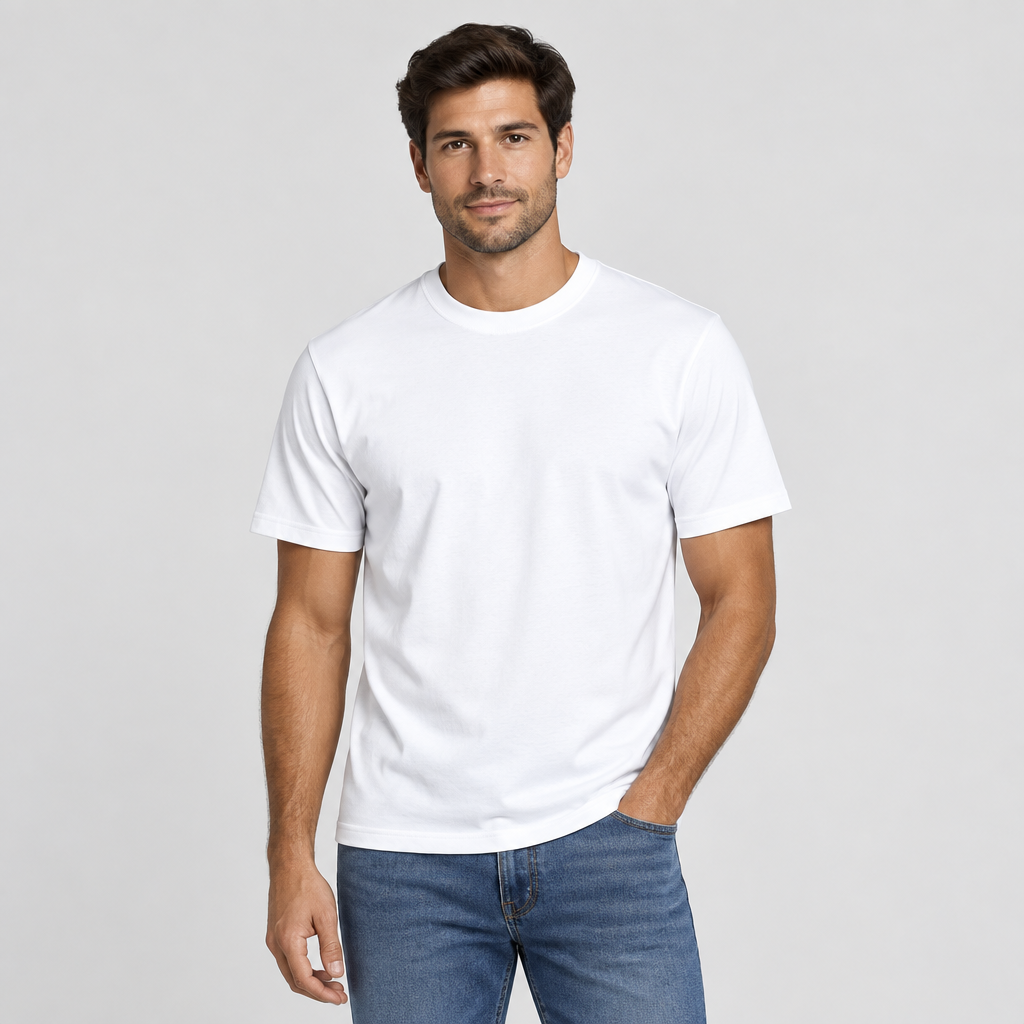 Male model wearing the white short-sleeve shirt