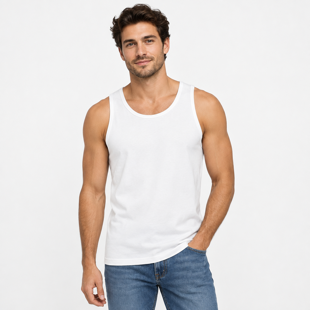 Male model wearing the white tank top