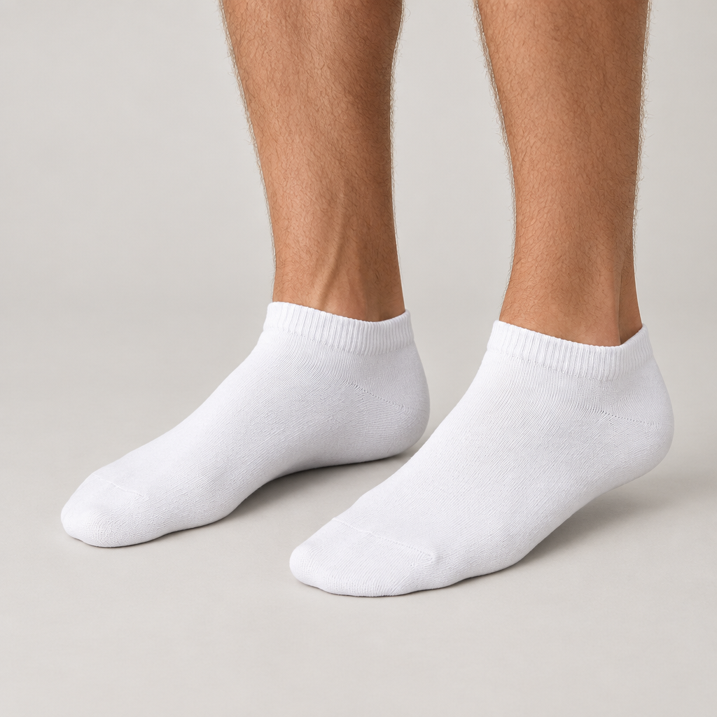 Male model wearing white ankle socks